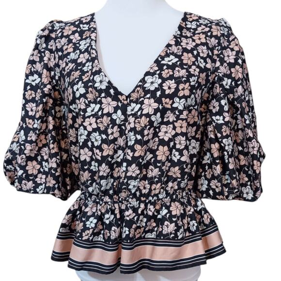 CLUB MONACO Floral‎ Blouse Top L Peplum Puff Short Sleeves Pink Black Cottage - Picture 4 of 11